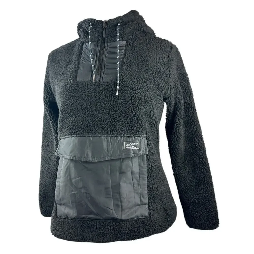 NWT Eddie Bauer Chilali Hooded Fleece Anorak Pullover Black Women's Size Small - Picture 2 of 13